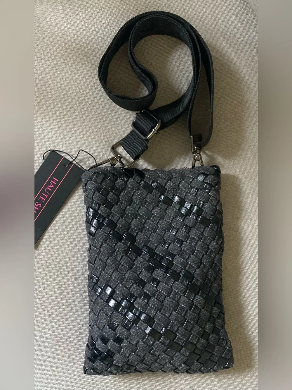 Haute Shore Shay Noir Woven Cell Phone Crossbody Bag Black Metallic NWT